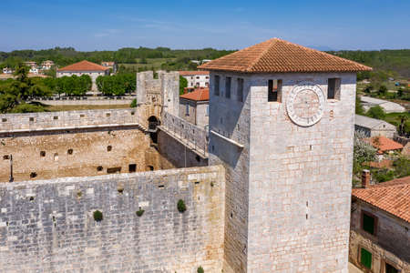 An aerial view of stone castle Morosini-Grimani in Svetvincenat, Istria, Croatiaのeditorial素材