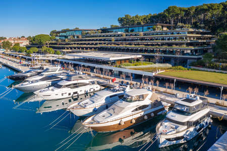 ROVINJ, CROATIA - DECEMBER 16, 2021 - Modern and luxury Grand Park Hotel and ACI Marina in Rovinj  - Rovigno, low drone shot,  Istria, Croatiaのeditorial素材