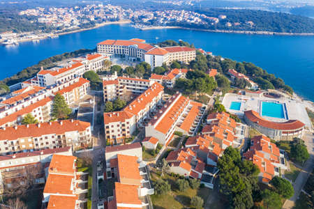 PULA, CROATIA -  JANUARY 16, 2021 - Modern Hotel Park Plaza and hotel facilities, in background Pjescana Uvala, aerial view, Pula, Istria, Croatiaのeditorial素材