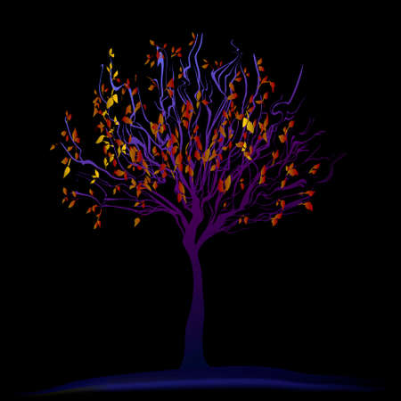 decorative violet autumn tree with gold leaves on night backgroundのイラスト素材