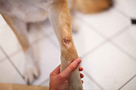 A St. Bernard Husky cross has a painful hot spot on their front paw, and has licked it until it's red, bleeding and raw. They have also pulled out the fur around the area to help it heal.の写真素材