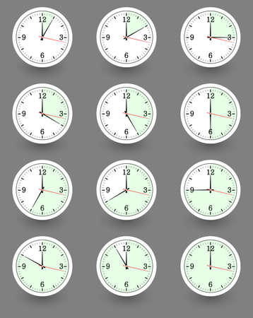 Twelve clocks showing different time. Vector illustrationのイラスト素材