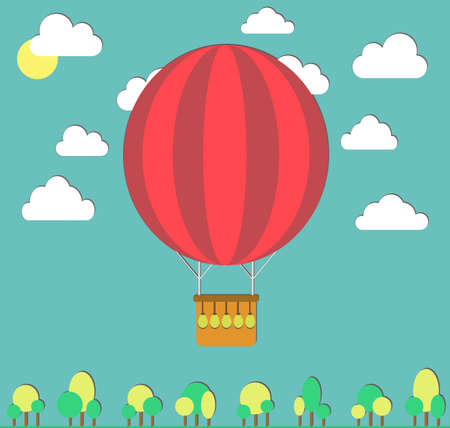 Hot air balloon in the sky and small trees at the bottom - vector illustration . Background greeting cardのイラスト素材
