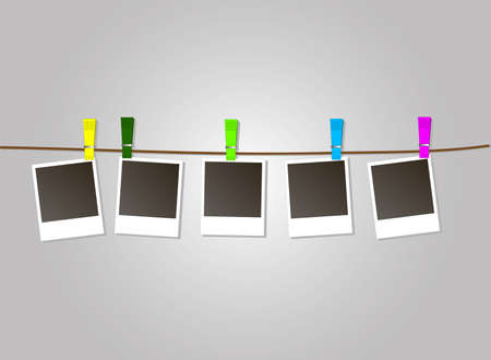 Photo Frames on Rope with colored clothespins. Vector Illustration on grey background. EPS 10のイラスト素材