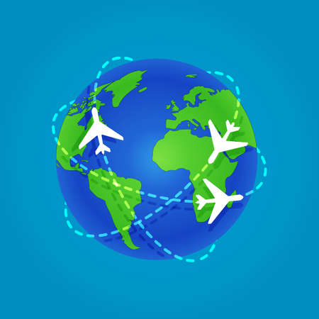 Three Airplanes flying around a globe isolated on blue background. Flat stock vector illustration - flights. EPS10のイラスト素材
