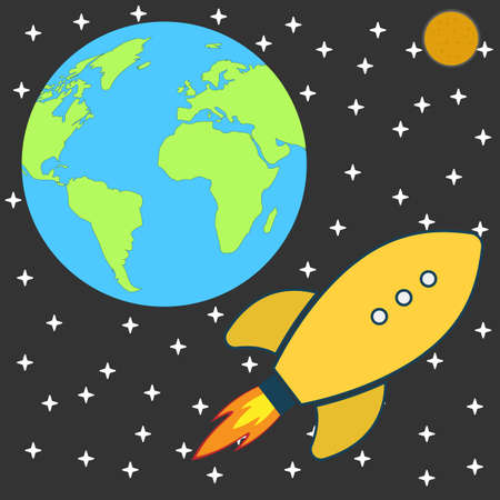 Flat Retro cartoon Rocket Spaceship to the Moon. Vector illustration. EPS10