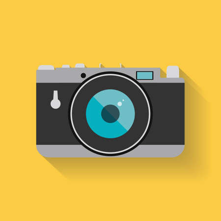 Flat retro photo camera web icon with long shadow isolated on yellow background. のイラスト素材