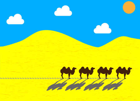 Flat camels going through the desert, the sun leaving traces.のイラスト素材