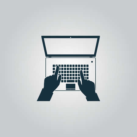 Business hands on notebook computer keyboard with open screen. Flat web icon or sign isolated on grey background. Collection modern trend concept design style vector illustration symbolのイラスト素材