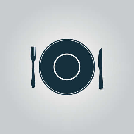 Plate dish with fork and knife. Flat web icon or sign isolated on grey background. Collection modern trend concept design style vector illustration symbolのイラスト素材