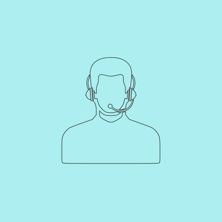 Call center operator with headset. Simple outline flat vector icon isolated on blue backgroundのイラスト素材