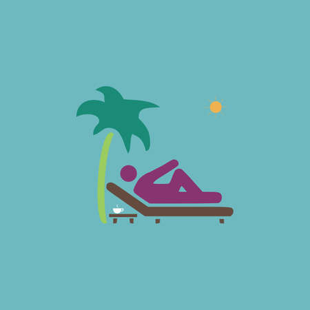 Man relaxing on a deck chair under palm tree and standing table with a cup of coffee. Colorful vector icon.のイラスト素材