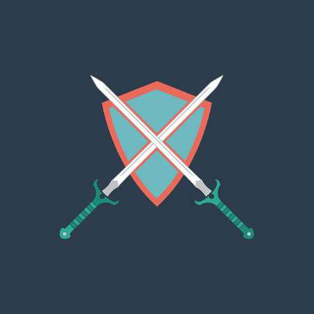 Two swords and shield. Colorful vector icon. Simple retro color modern illustration pictogram.の写真素材