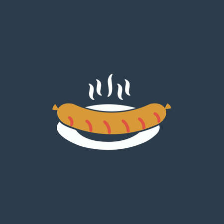 Hot Sausage on a plate. Colorful vector icon. Simple retro color modern illustration pictogram. Collection concept symbol for infographic projectのイラスト素材
