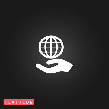 Globe with hand. White flat simple vector icon on black backgroundのイラスト素材