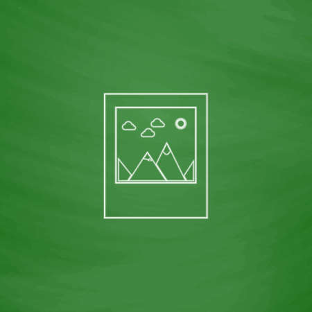 nature photo Outline vector icon. Imitation draw with white chalk on green chalkboard. Flat...