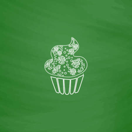 Sweet cupcake Outline vector icon. Imitation draw with white chalk on green chalkboard. Flat Pictogram and School board background. Illustration symbolのイラスト素材