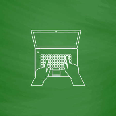 use laptop Outline vector icon. Imitation draw with white chalk on green chalkboard. Flat Pictogram and School board background. Illustration symbolのイラスト素材