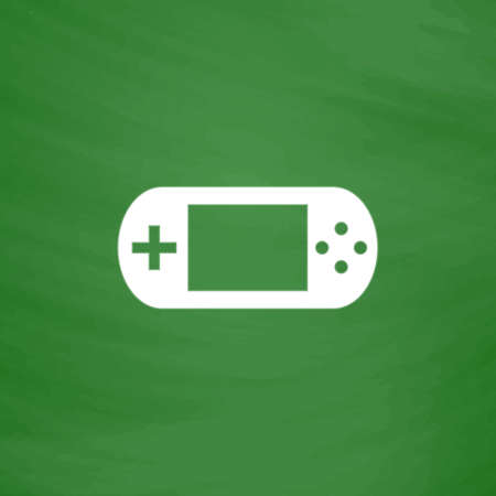 Handheld game console. Flat Icon. Imitation draw with white chalk on green chalkboard. Flat...