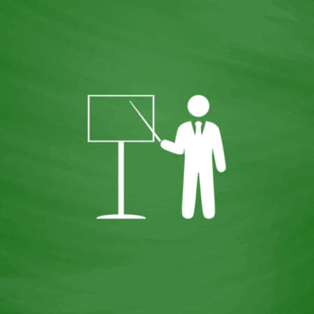 Presentation. Man standing with pointer. Flat Icon. Imitation draw with white chalk on green chalkboard. Flat Pictogram and School board background. Vector illustration symbolのイラスト素材
