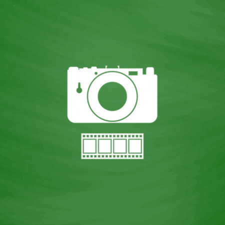 Photography camera and film. Flat Icon. Imitation draw with white chalk on green chalkboard. Flat Pictogram and School board background. Vector illustration symbolのイラスト素材