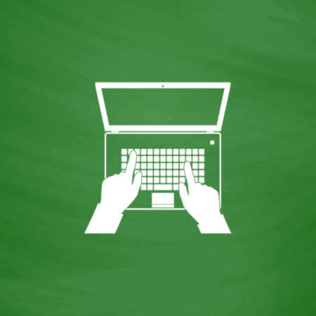 Business hands on notebook computer keyboard with open screen. Flat Icon. Imitation draw with white chalk on green chalkboard. Flat Pictogram and School board background. Vector illustration symbolのイラスト素材