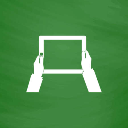 Hands holding tablet computer with blank screen. Flat Icon. Imitation draw with white chalk on green chalkboard. Flat Pictogram and School board background. Vector illustration symbolのイラスト素材