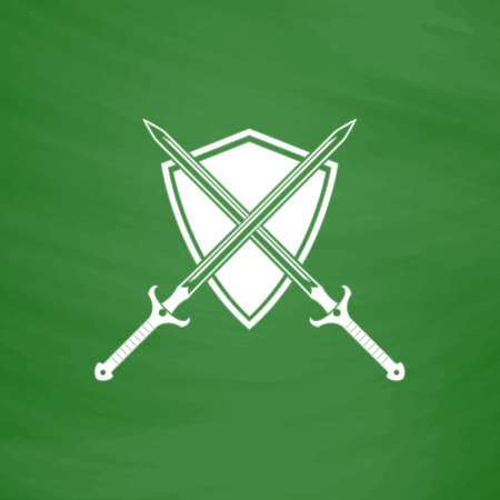 Two swords and shield. Flat Icon. Imitation draw with white chalk on green chalkboard. Flat Pictogram and School board background. Vector illustration symbolのイラスト素材