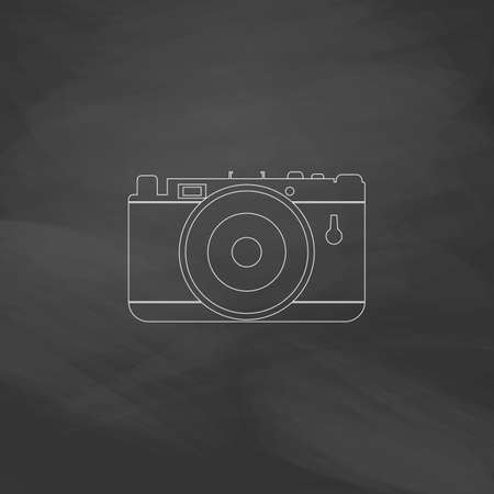 photo camera Simple line vector button. Imitation draw with white chalk on blackboard. Flat Pictogram and School board background. Outine illustration iconのイラスト素材