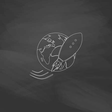 Space ship Simple line vector button. Imitation draw with white chalk on blackboard. Flat Pictogram and School board background. Outine illustration iconのイラスト素材