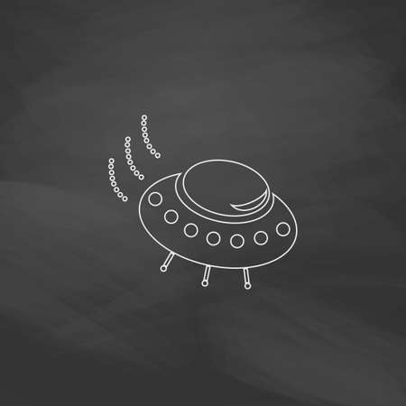 UFO Simple line vector button. Imitation draw with white chalk on blackboard. Flat Pictogram and School board background. Outine illustration iconのイラスト素材