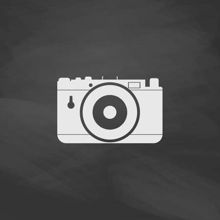 photo camera Simple vector button. Imitation draw icon with white chalk on blackboard. Flat Pictogram and School board background. Illustration symbolのイラスト素材