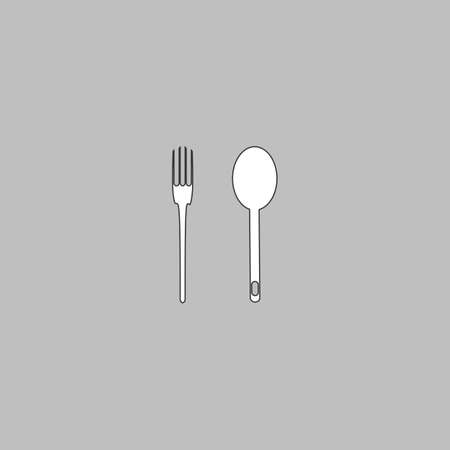 Spoon and fork Simple line vector button. Thin line illustration icon. White outline symbol on grey backgroundのイラスト素材