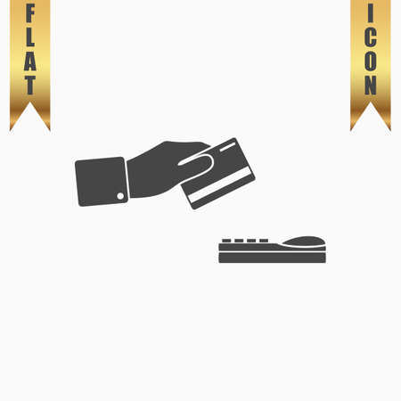 Hand swiping a credit card. Flat Icon. Vector illustration grey symbol on white background with gold ribbonのイラスト素材