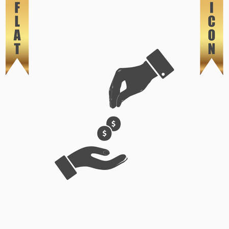 Hands Giving and Receiving Money. Flat Icon. Vector illustration grey symbol on white background with gold ribbonのイラスト素材