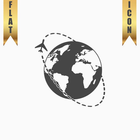 Air travel destination. Flat Icon. Vector illustration grey symbol on white background with gold ribbonのイラスト素材