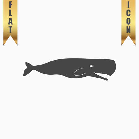 Sperm Whale. Flat Icon. Vector illustration grey symbol on white background with gold ribbonのイラスト素材