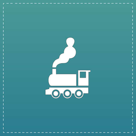 Train - classic locomotive. White flat icon with black stroke on blue backgroundのイラスト素材