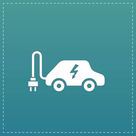 Electric car. White flat icon with black stroke on blue backgroundのイラスト素材