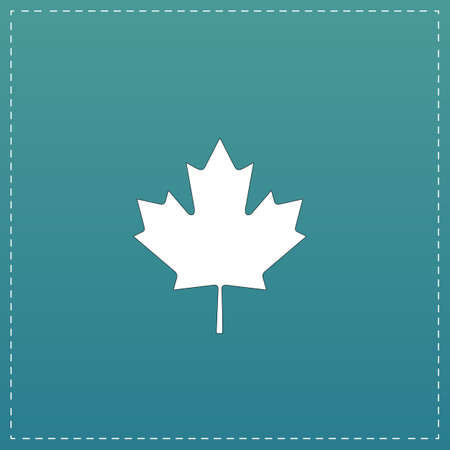 Simple maple leaf. White flat icon with black stroke on blue background