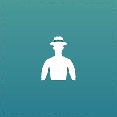 Man on hat - avatar. White flat icon with black stroke on blue backgroundのイラスト素材