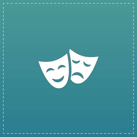 Happy and sad Theater masks. White flat icon with black stroke on blue backgroundのイラスト素材