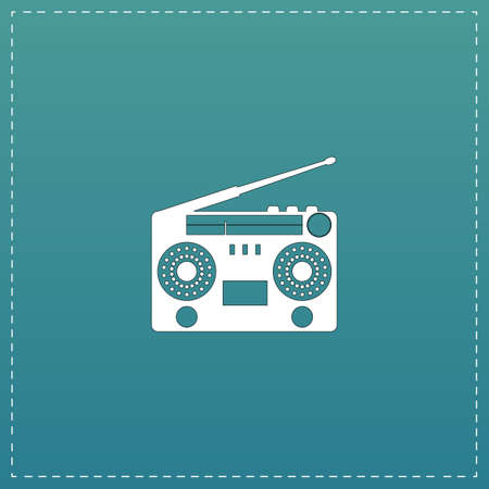 Classic 80s boombox. White flat icon with black stroke on blue backgroundのイラスト素材