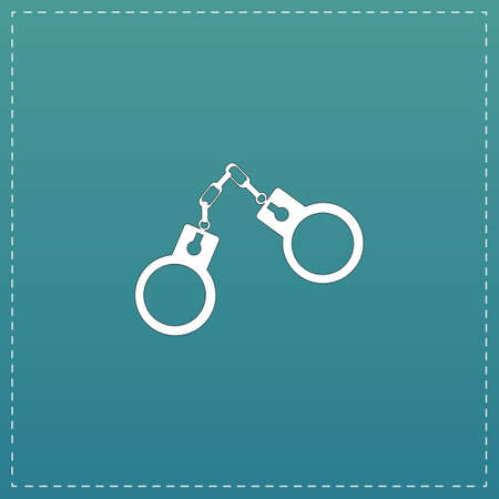 Handcuffs. White flat icon with black stroke on blue backgroundのイラスト素材