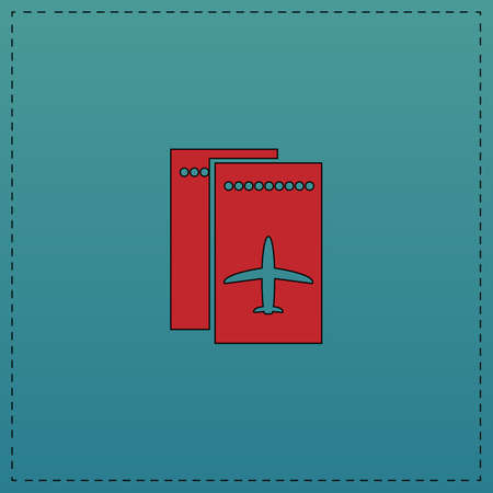 ticket plane Red vector icon with black contour line. Flat computer symbol on blue backgroundのイラスト素材