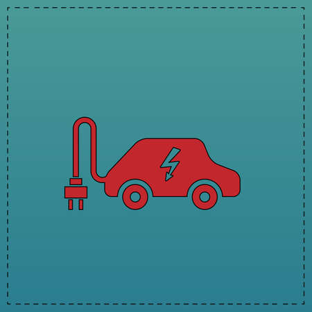 Electric car Red vector icon with black contour line. Flat computer symbol on blue backgroundのイラスト素材