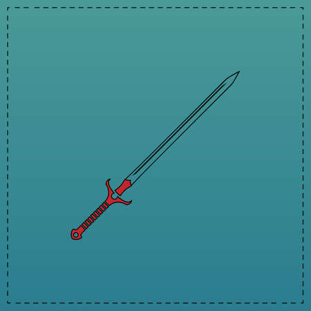 Sword Red vector icon with black contour line. Flat computer symbol on blue backgroundのイラスト素材