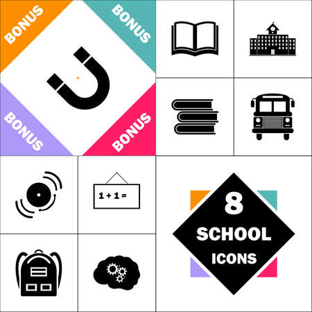 magnetism Icon and Set Perfect Back to School pictogram. Contains such Icons as Schoolbook, School  Building, School Bus, Textbooks, Bell, Blackboard, Student Backpack, Brain Learnのイラスト素材