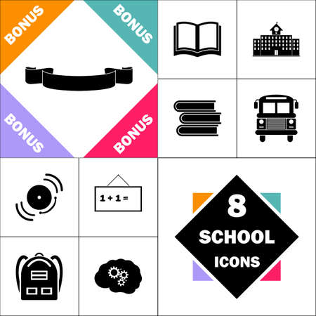 Banner ribbon Icon and Set Perfect Back to School pictogram. Contains such Icons as Schoolbook, School  Building, School Bus, Textbooks, Bell, Blackboard, Student Backpack, Brain Learnのイラスト素材