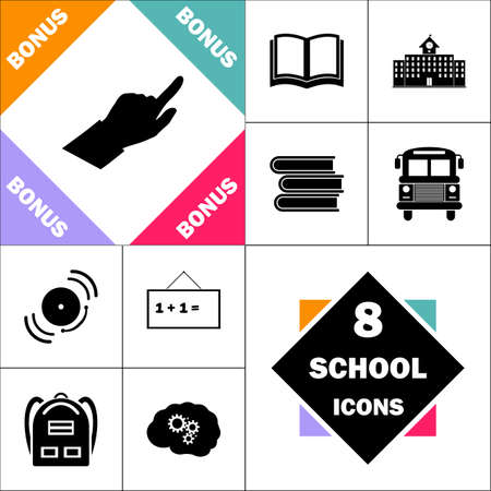 Hand Cursor Icon and Set Perfect Back to School pictogram. Contains such Icons as Schoolbook, School  Building, School Bus, Textbooks, Bell, Blackboard, Student Backpack, Brain Learnのイラスト素材